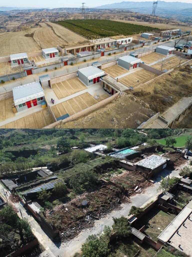 拼版照片，上圖是2022年1月山西省霍州市師莊鄉(xiāng)馮南垣村災(zāi)后恢復(fù)重建后的場景，下圖是2021年10月村莊因?yàn)?zāi)受損的場景。(霍州市委宣傳部供圖)