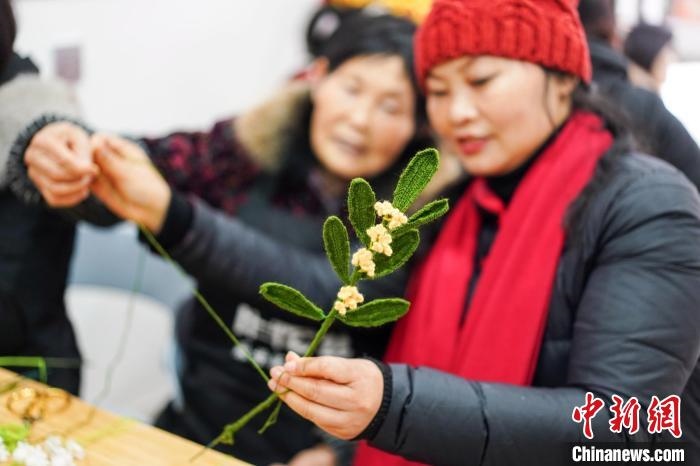 馮燕霞指導(dǎo)姐妹們鉤織月桂葉片?！」帕捡x 攝