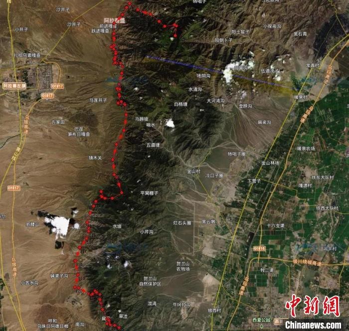 圖為雪豹在春節(jié)前后的活動(dòng)軌跡?！?nèi)蒙古賀蘭山國(guó)家級(jí)自然保護(hù)區(qū)供圖