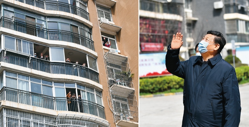 2020年3月10日，習(xí)近平專門赴湖北省武漢市考察新冠肺炎疫情防控工作。這是習(xí)近平在東湖新城社區(qū)考察時(shí)，向在家隔離居住的居民揮手致意、表示慰問（拼版照片）