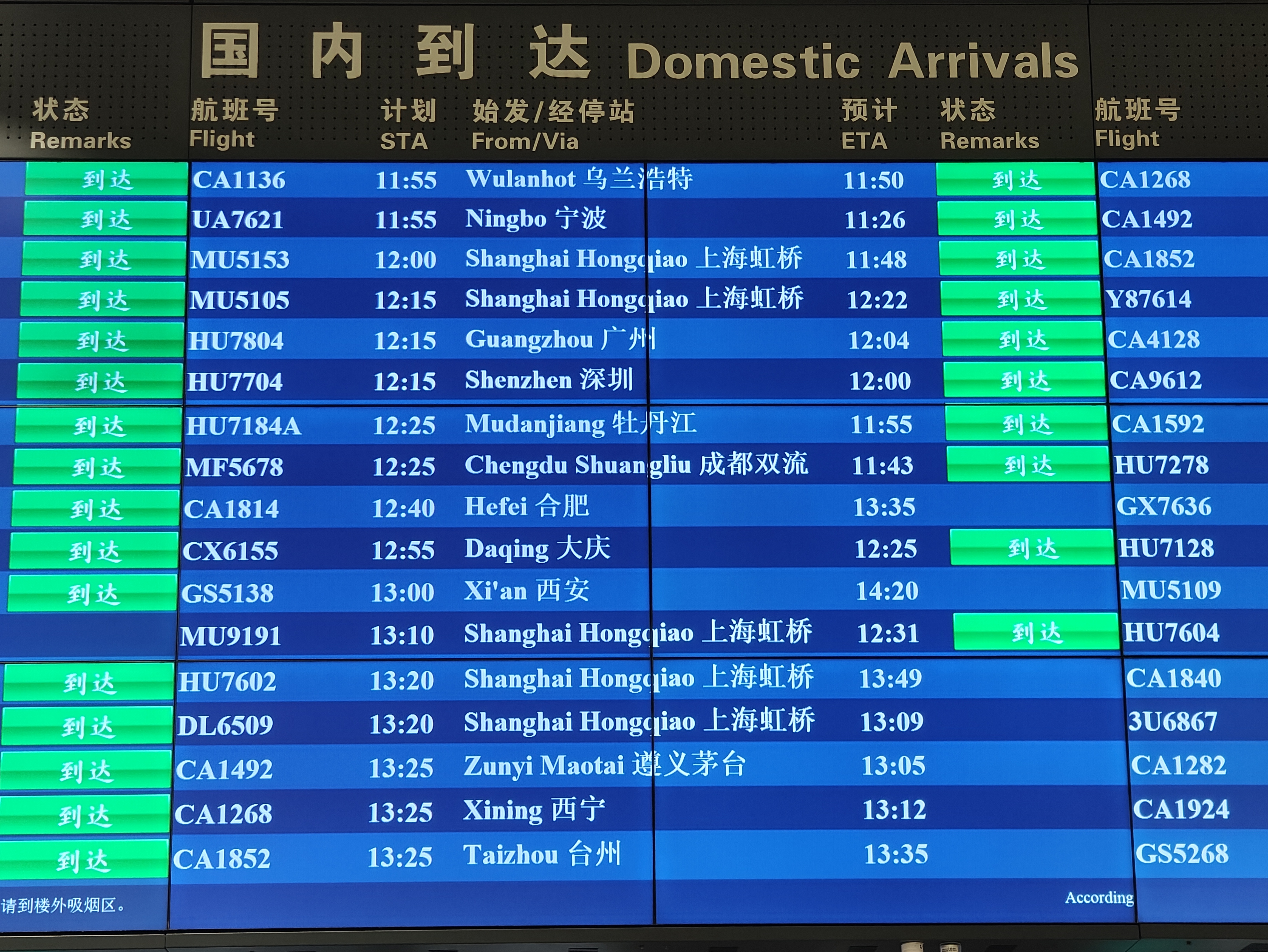 首都機(jī)場大屏顯示，MU9191航班于12:31順利到達(dá)。人民網(wǎng)記者 夏曉倫攝