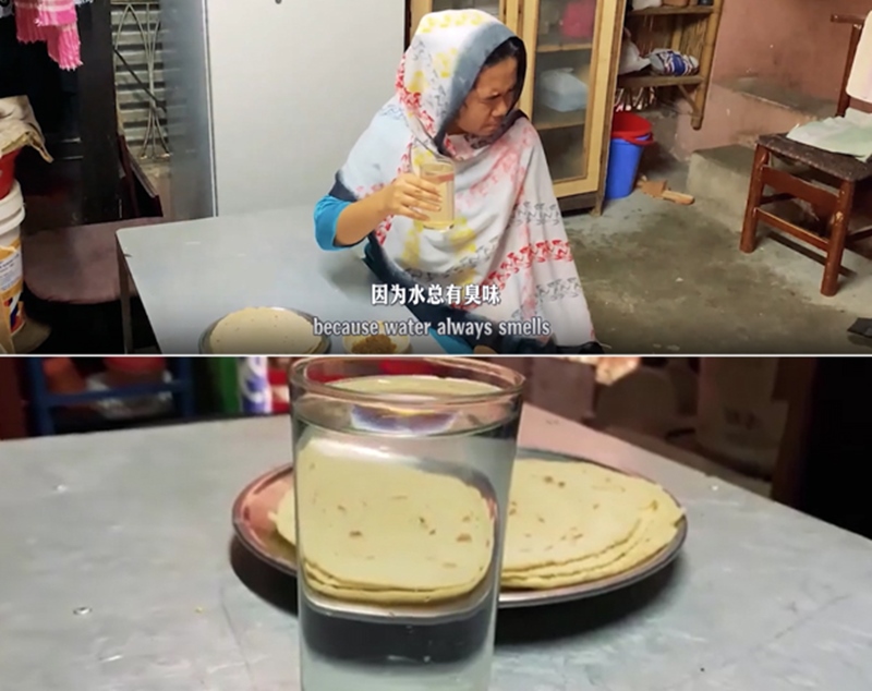 圖為紀實短片截圖：上圖為水質(zhì)未改善前，飲用水發(fā)黃渾濁；下圖為水廠建成后，飲用水水質(zhì)明顯改善，清澈透明。