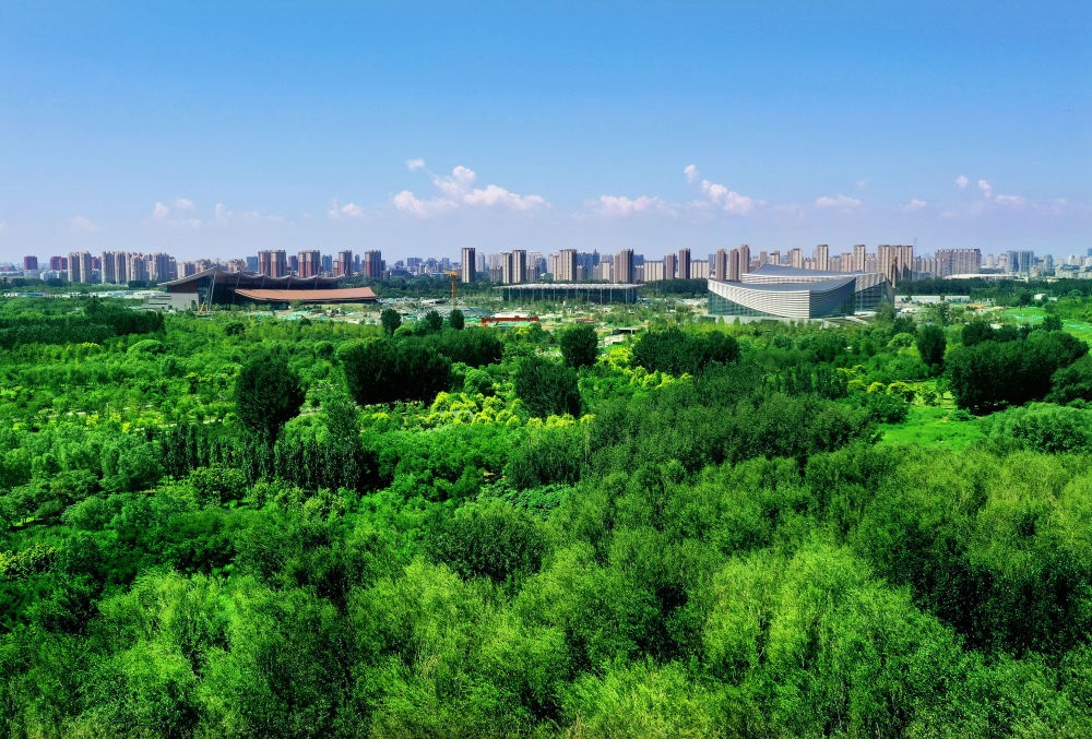 北京東方化工廠舊址建成的綠心公園草木蔥蘢。（馬文曉 攝）