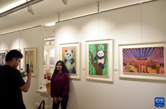 11月22日，在孟加拉國達卡，人們在“國家印象”繪畫展上參觀拍照。新華社發(fā)（薩利姆攝）