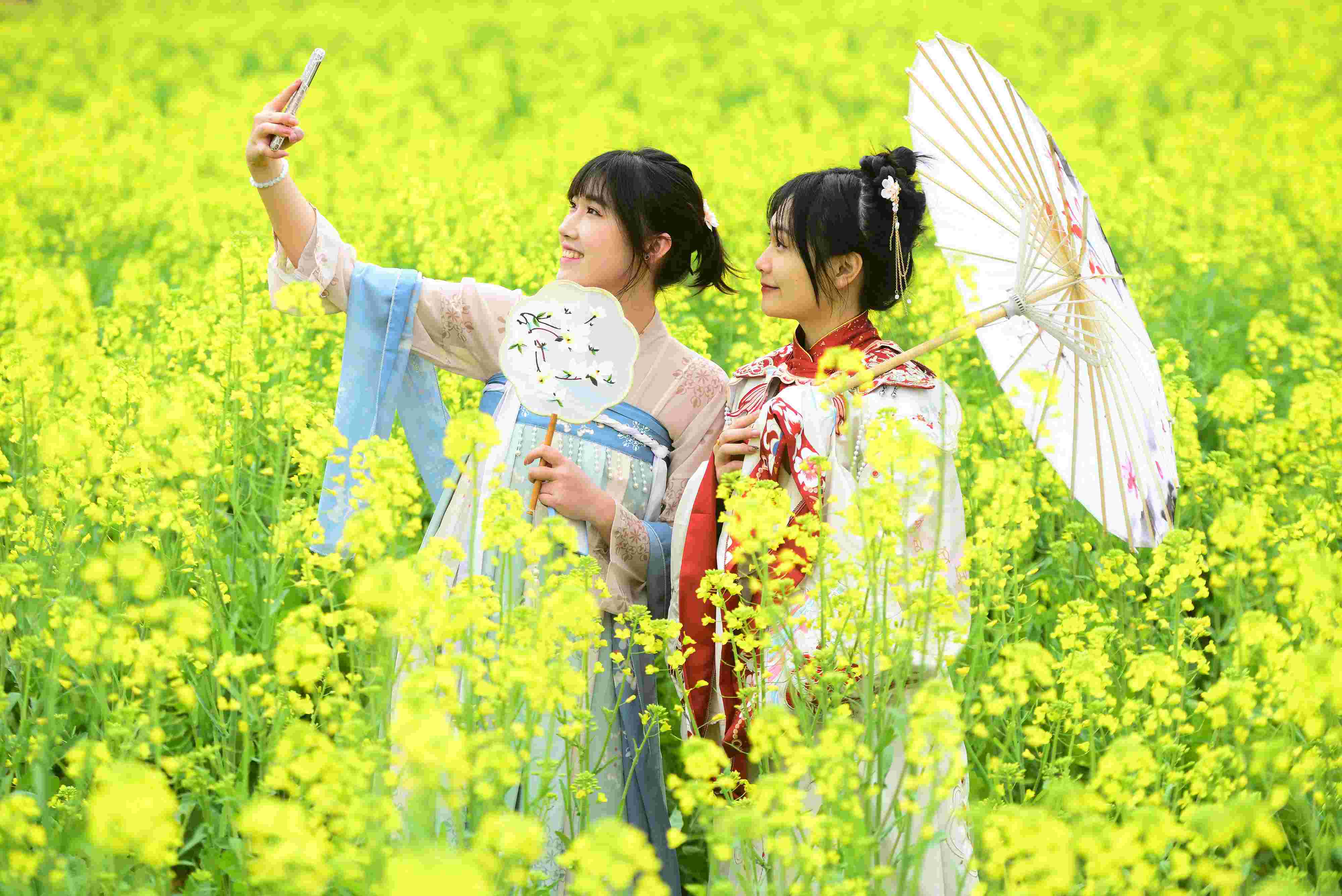 △ 2024年2月16日，廣西賀州，在富川瑤族自治縣麥嶺鎮(zhèn)三民村，游客在油菜花田間賞花拍照。