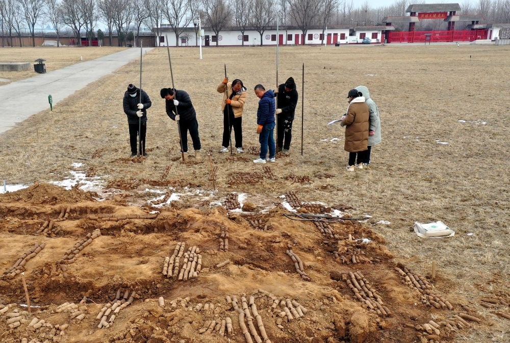 在殷墟王陵遺址，工作人員在勘探圍溝范圍（2月24日攝）。