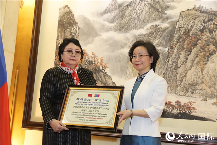 沈大使向?qū)殑跔柆敚ㄗ螅┟貢L轉(zhuǎn)交捐款。人民網(wǎng)記者 霍文攝