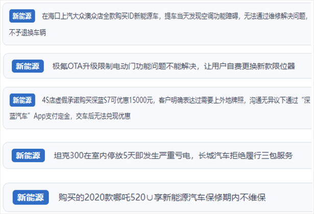 “人民投訴”用戶吐槽新能源汽車功能障礙多發(fā)、升級(jí)后配套服務(wù)跟不上、虛假優(yōu)惠、保修期內(nèi)不維保的問題。（“人民投訴”平臺(tái)截圖）