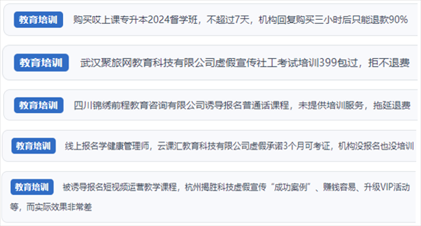 “人民投訴”用戶舉報(bào)機(jī)構(gòu)虛假宣傳包過包拿證、虛假承諾收益效果、課程服務(wù)貨不對(duì)板、退款難等在線教培亂象。（“人民投訴”平臺(tái)截圖）