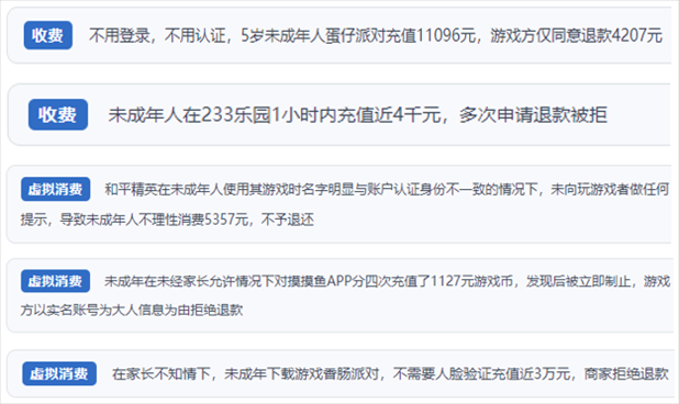 “人民投訴”用戶舉報(bào)身份認(rèn)證成擺設(shè)、大額充值無提醒、提供證據(jù)被駁回、商家設(shè)置退款障礙等未成年人網(wǎng)游消費(fèi)亂象。（“人民投訴”平臺(tái)截圖）