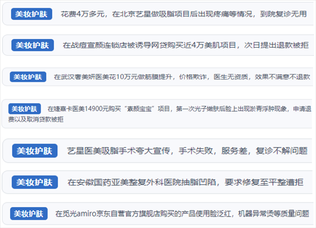 “人民投訴”用戶舉報(bào)醫(yī)美未達(dá)預(yù)期效果或?qū)е律眢w損傷退款遭拒、機(jī)構(gòu)及服務(wù)人員虛假資質(zhì)、被誘導(dǎo)高額醫(yī)美貸、網(wǎng)購美容儀器質(zhì)量不過關(guān)等問題。（“人民投訴”平臺(tái)截圖）