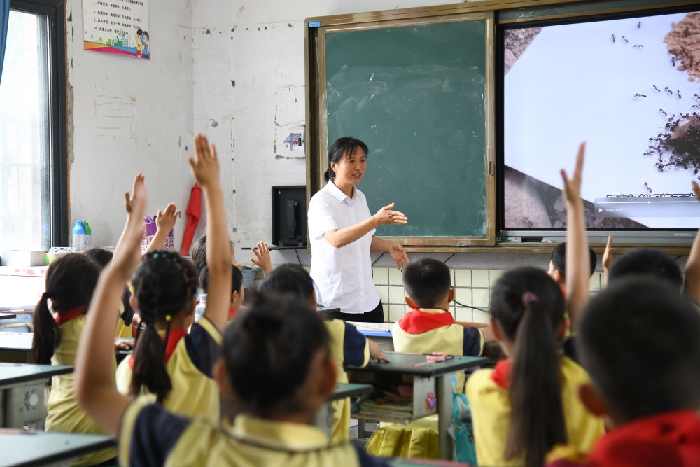 5月31日，學(xué)生在科學(xué)課上與老師互動。