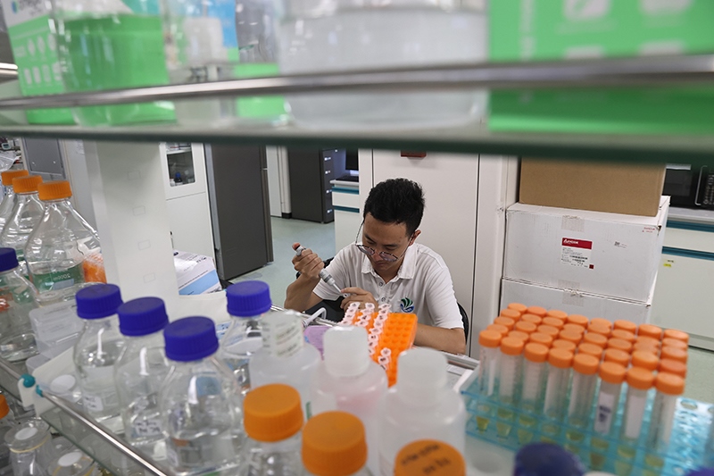 在三亞崖州灣科技城，一名青年科技工作者正在進行科研工作。