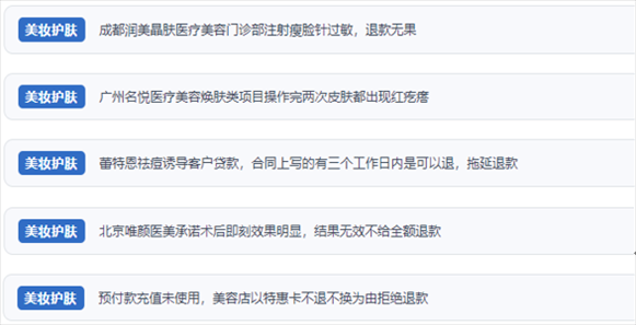 網(wǎng)友涉及醫(yī)美機(jī)構(gòu)虛假宣傳、誘導(dǎo)消費(fèi)、致傷客戶、違約不退費(fèi)等消費(fèi)侵權(quán)的相關(guān)投訴。（“人民投訴”用戶投訴截圖）