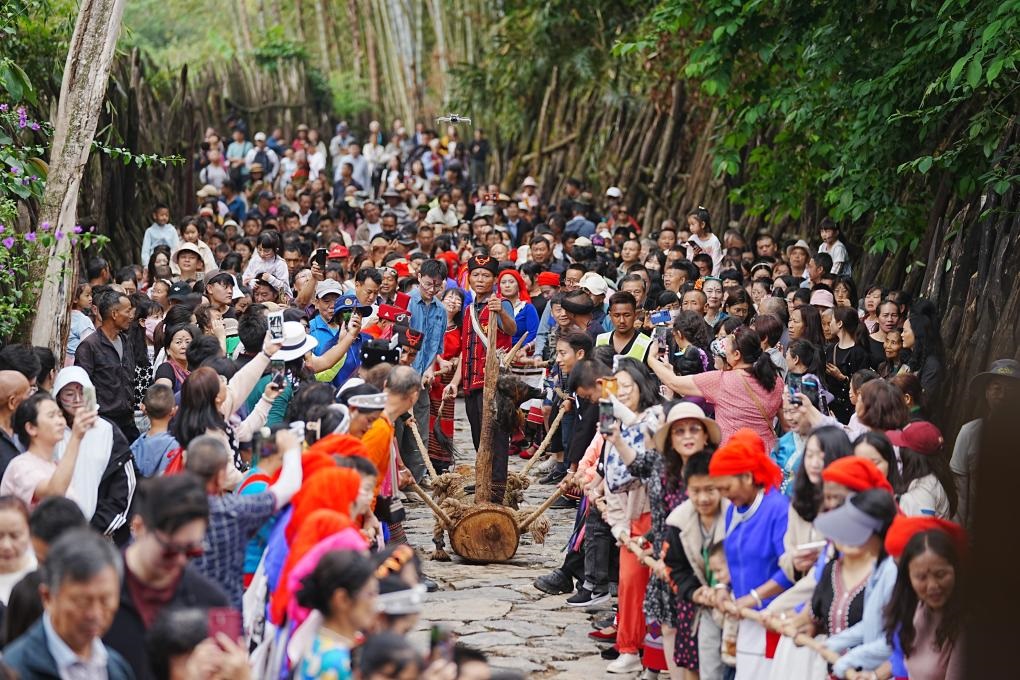 5月3日，各地游客在滄源縣翁丁村和村民一起參加佤族傳統(tǒng)民俗拉木鼓活動。（滄源縣融媒體中心供圖）