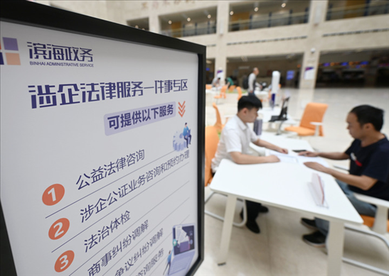 在天津?yàn)I海新區(qū)政務(wù)服務(wù)中心，工作人員在“涉企法律服務(wù)一件事”專區(qū)為市民提供服務(wù)（2024年7月31日攝）。新華社記者 趙子碩 攝