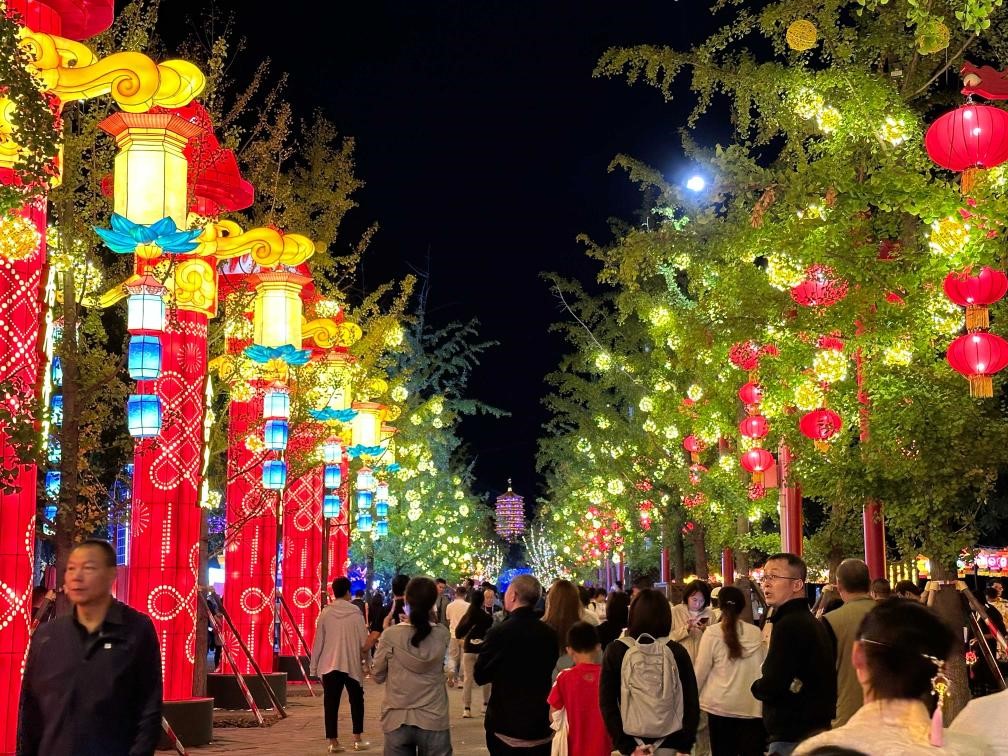 市民游客在2024年北京中秋國慶彩燈游園會(huì)欣賞彩燈。新華社記者楊淑君 攝