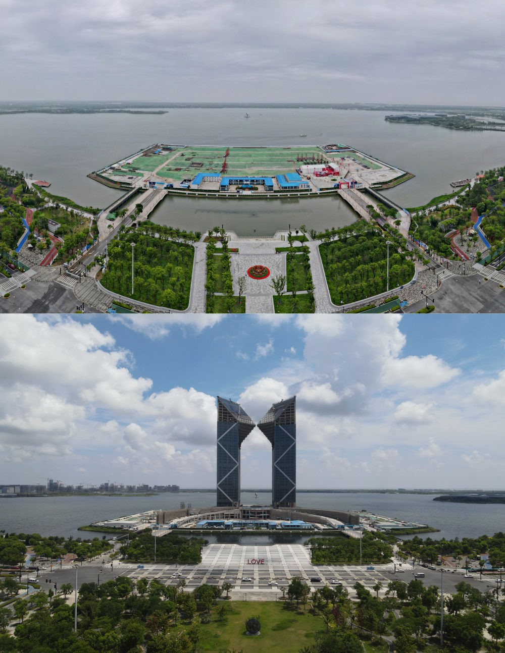 拼版照片：空中俯瞰中國（上海）自由貿(mào)易試驗區(qū)臨港新片區(qū)滴水湖西島中銀金融中心項目現(xiàn)場（上圖為2021年6月20日攝，無人機照片；下圖為2024年8月14日攝，無人機照片）。2019年8月20日，臨港新片區(qū)揭牌成立，一個開放新高地在長江與東海交匯處日益崛起。