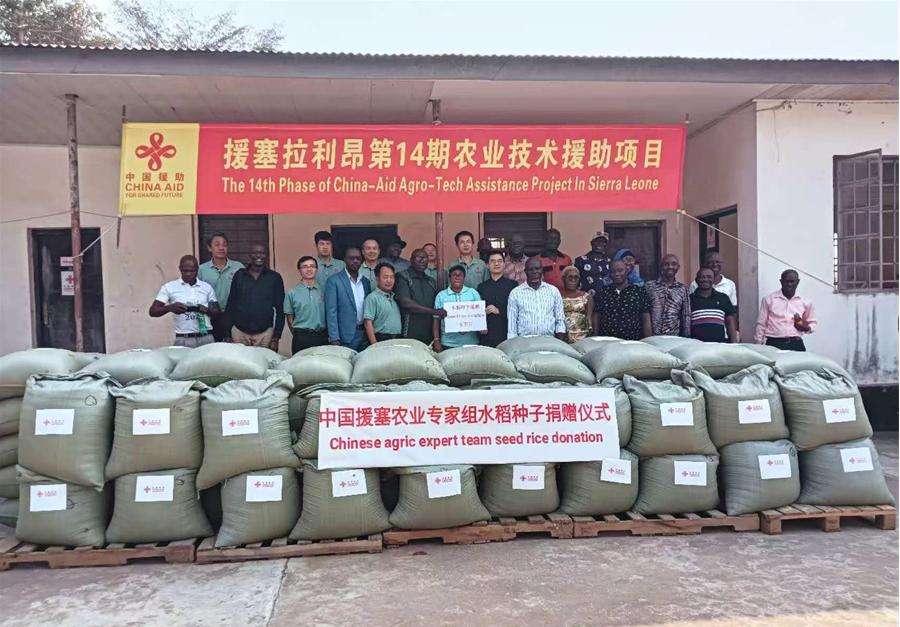 中國援塞拉利昂農(nóng)業(yè)專家組在塞南方省博城舉辦水稻種子捐贈(zèng)儀式。中國援塞農(nóng)業(yè)專家組供圖