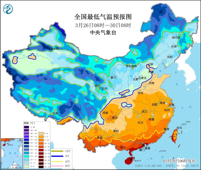 全國最低氣溫預報圖（3月26日08時-3月30日08時）