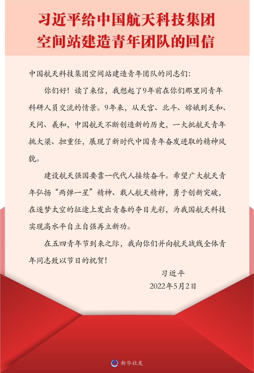 習(xí)近平總書記給中國(guó)航天科技集團(tuán)空間站建造青年團(tuán)隊(duì)的回信。新華社發(fā)